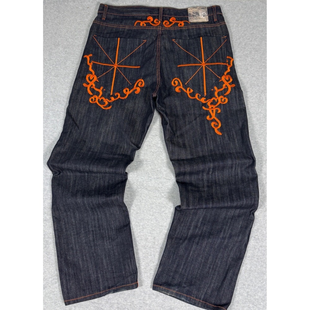 Red Ape Jeans Embroidered Baggy Streetwear Dark Wash Denim Orange Stitch 36x32